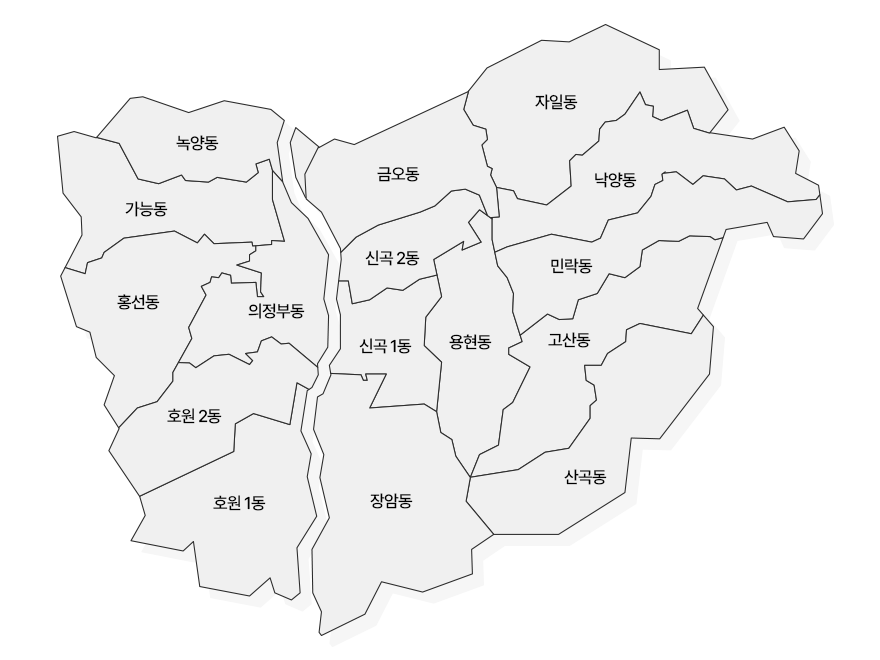 의정부 지도 녹양동, 가능동, 홍선동, 의정부동, 호원 1동, 호원 2동, 자일동, 금오동, 신곡 1동, 신곡 2동, 용현동, 낙양동, 민락동, 고산동, 장암동, 산곡동