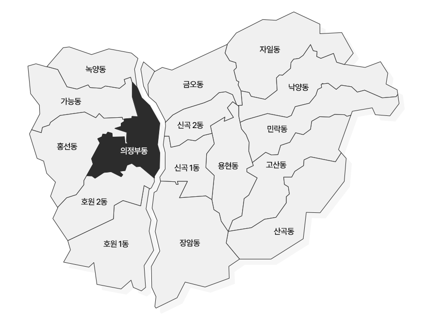 의정부 지도 녹양동, 가능동, 홍선동, 의정부동, 호원 1동, 호원 2동, 자일동, 금오동, 신곡 1동, 신곡 2동, 용현동, 낙양동, 민락동, 고산동, 장암동, 산곡동 중 의정부동 선택됨