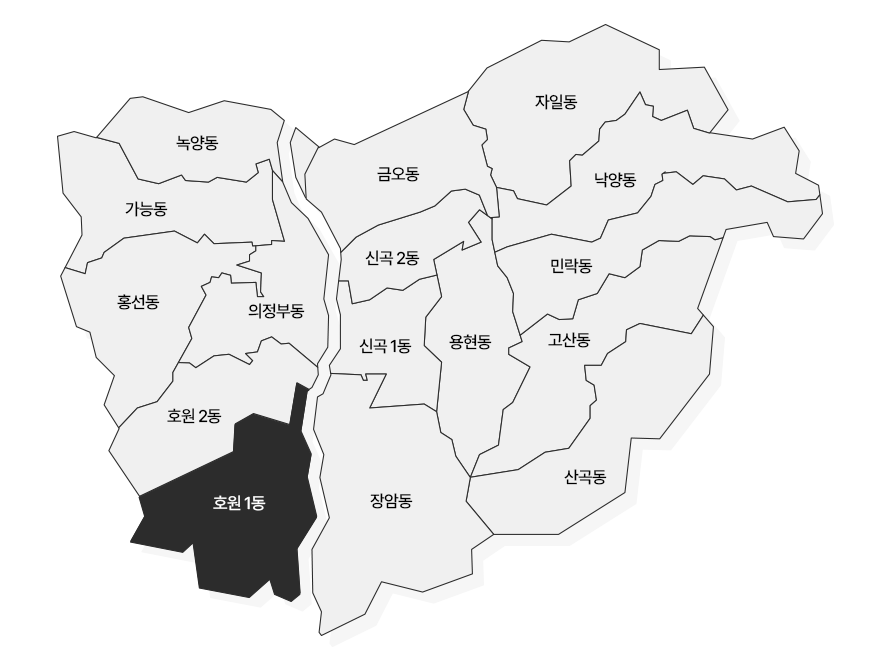 의정부 지도 녹양동, 가능동, 홍선동, 의정부동, 호원 1동, 호원 2동, 자일동, 금오동, 신곡 1동, 신곡 2동, 용현동, 낙양동, 민락동, 고산동, 장암동, 산곡동 중 호원1동 선택됨
