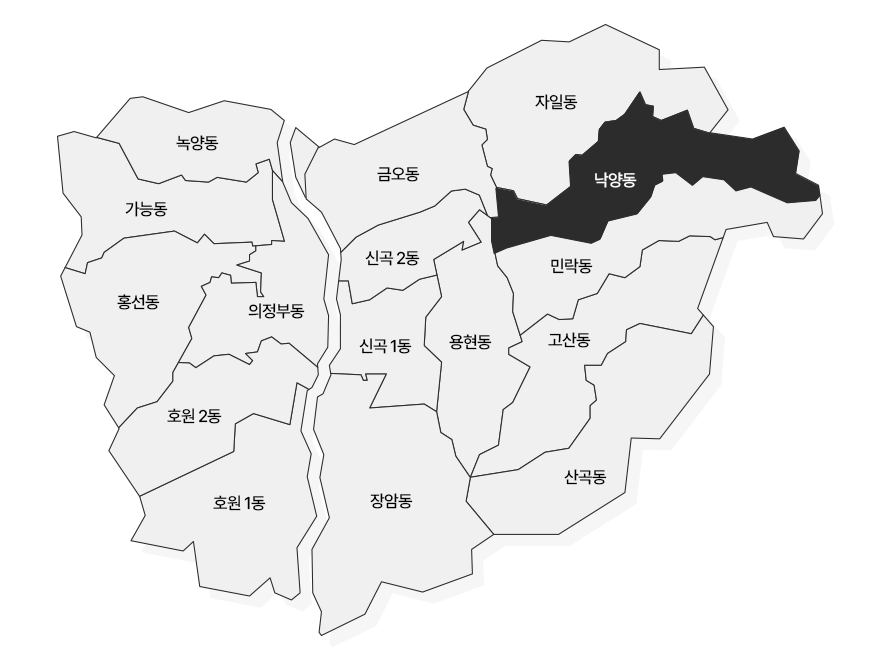 의정부 지도 녹양동, 가능동, 홍선동, 의정부동, 호원 1동, 호원 2동, 자일동, 금오동, 신곡 1동, 신곡 2동, 용현동, 낙양동, 민락동, 고산동, 장암동, 산곡동 중 낙양동 선택됨