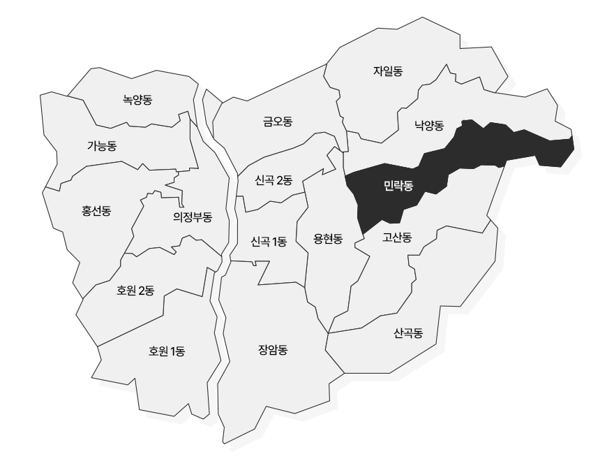 의정부 지도 녹양동, 가능동, 홍선동, 의정부동, 호원 1동, 호원 2동, 자일동, 금오동, 신곡 1동, 신곡 2동, 용현동, 낙양동, 민락동, 고산동, 장암동, 산곡동 중 민락동 선택됨
