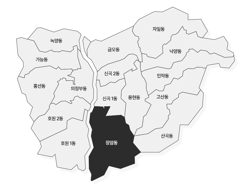 의정부 지도 녹양동, 가능동, 홍선동, 의정부동, 호원 1동, 호원 2동, 자일동, 금오동, 신곡 1동, 신곡 2동, 용현동, 낙양동, 민락동, 고산동, 장암동, 산곡동 중 장암동 선택됨