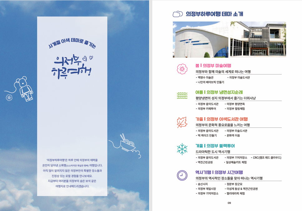 봄: 의정부 미술여행, 여름: 의정부 냉면성지순례, 가을: 의정부 이색도서관 여행 겨울: 의정부 블랙투어 역사기행 : 의정부 시간여행